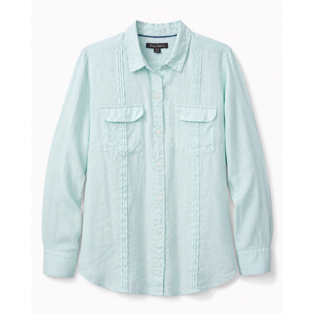 Tommy Bahama Womens Medium Green 100% Linen Guayabera Pintuck Button Up Shirt